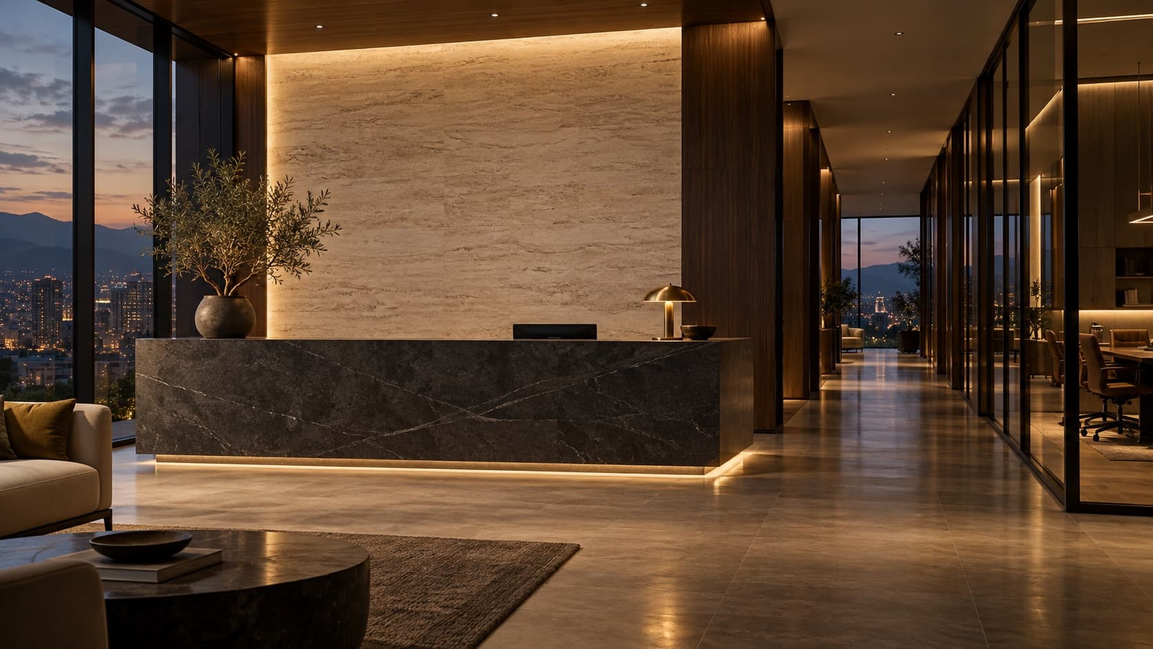 Recepción contemporánea con pared de piedra sin logotipos