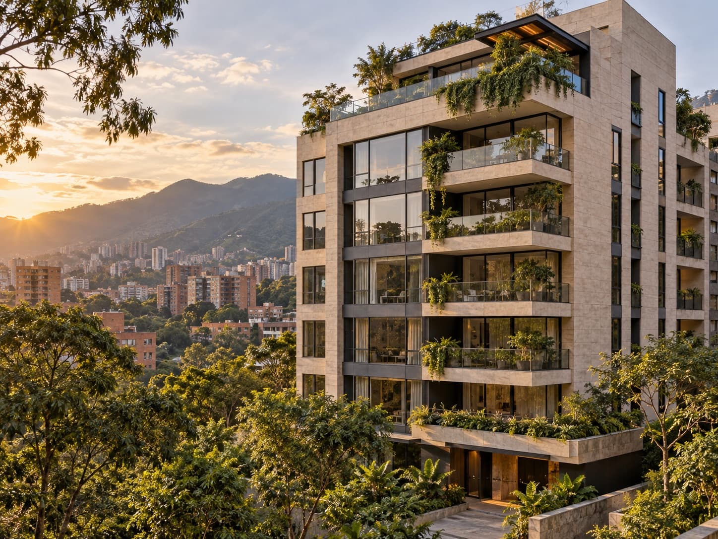 Edificio residencial contemporáneo con balcones y vegetación