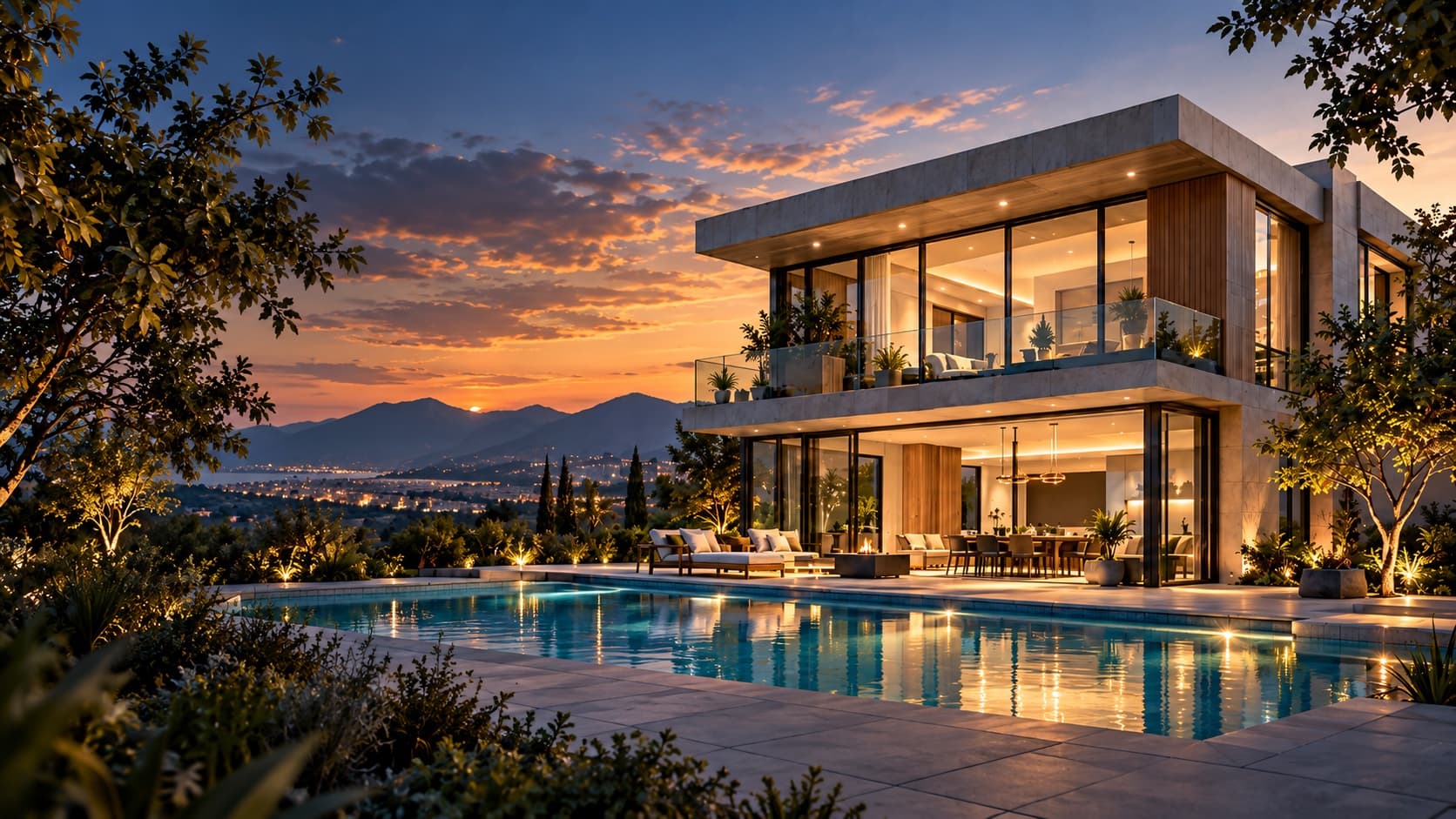 Casa contemporánea al atardecer, junto a una piscina y las montañas