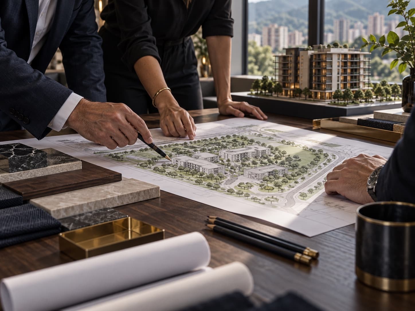 Planos y maqueta arquitectónica en una mesa de trabajo