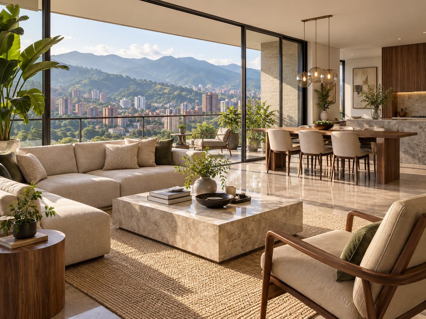 Interior residencial contemporáneo con vista a la ciudad
